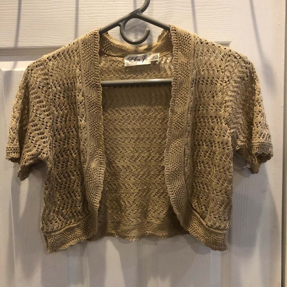 Eliza J Tan Crochet Short-Sleeve Open Cardigan Shrug